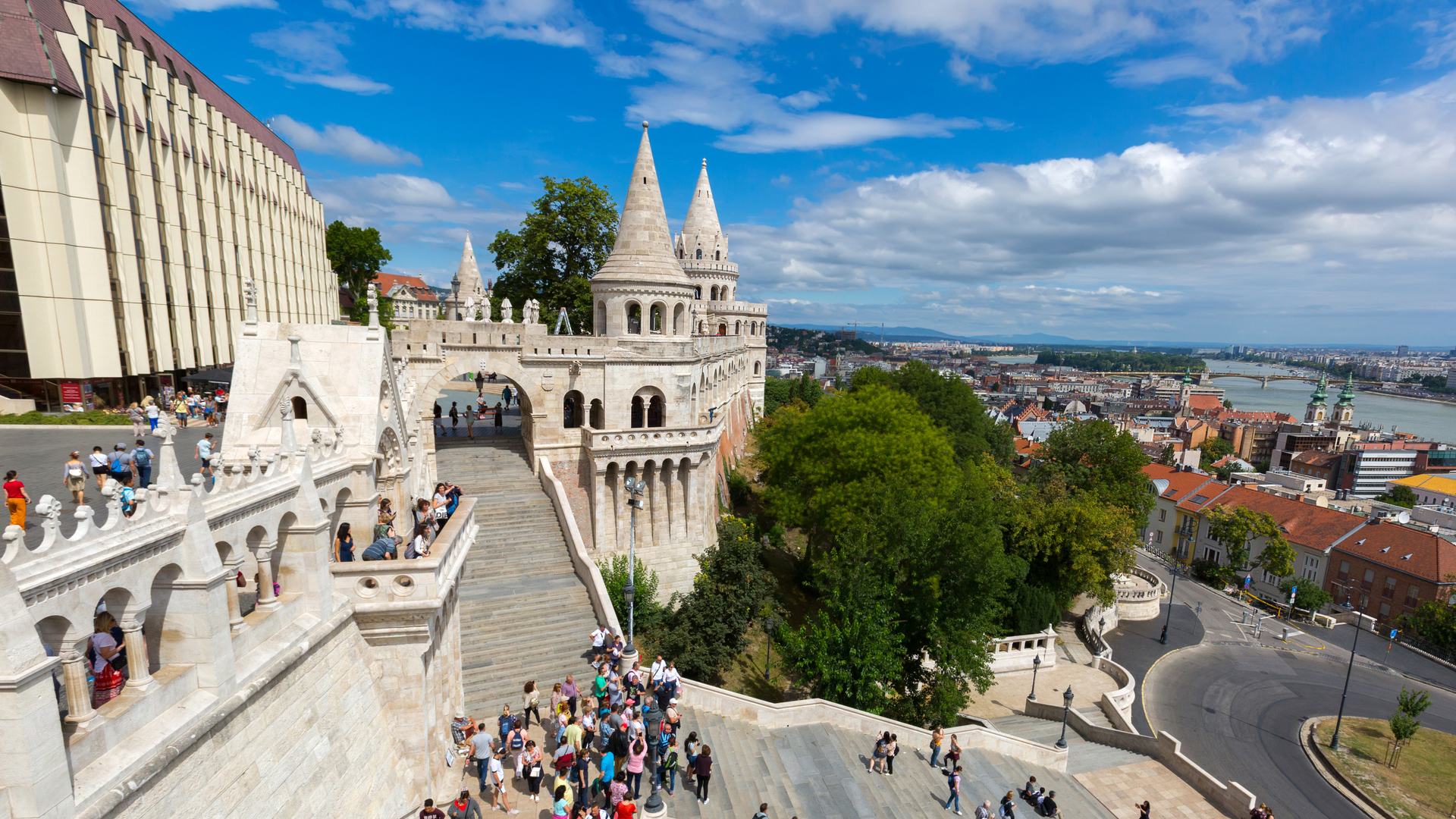 Crowds of visitors on the white stairways of Fisherman’s Bastion, Budapest