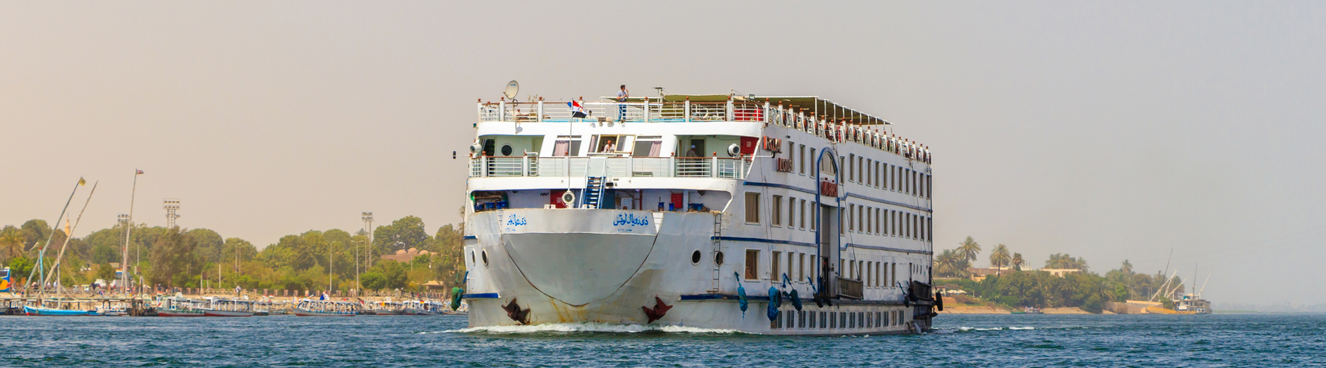 White multi-deck river cruise ship heading toward the camera past a palm-lined bank